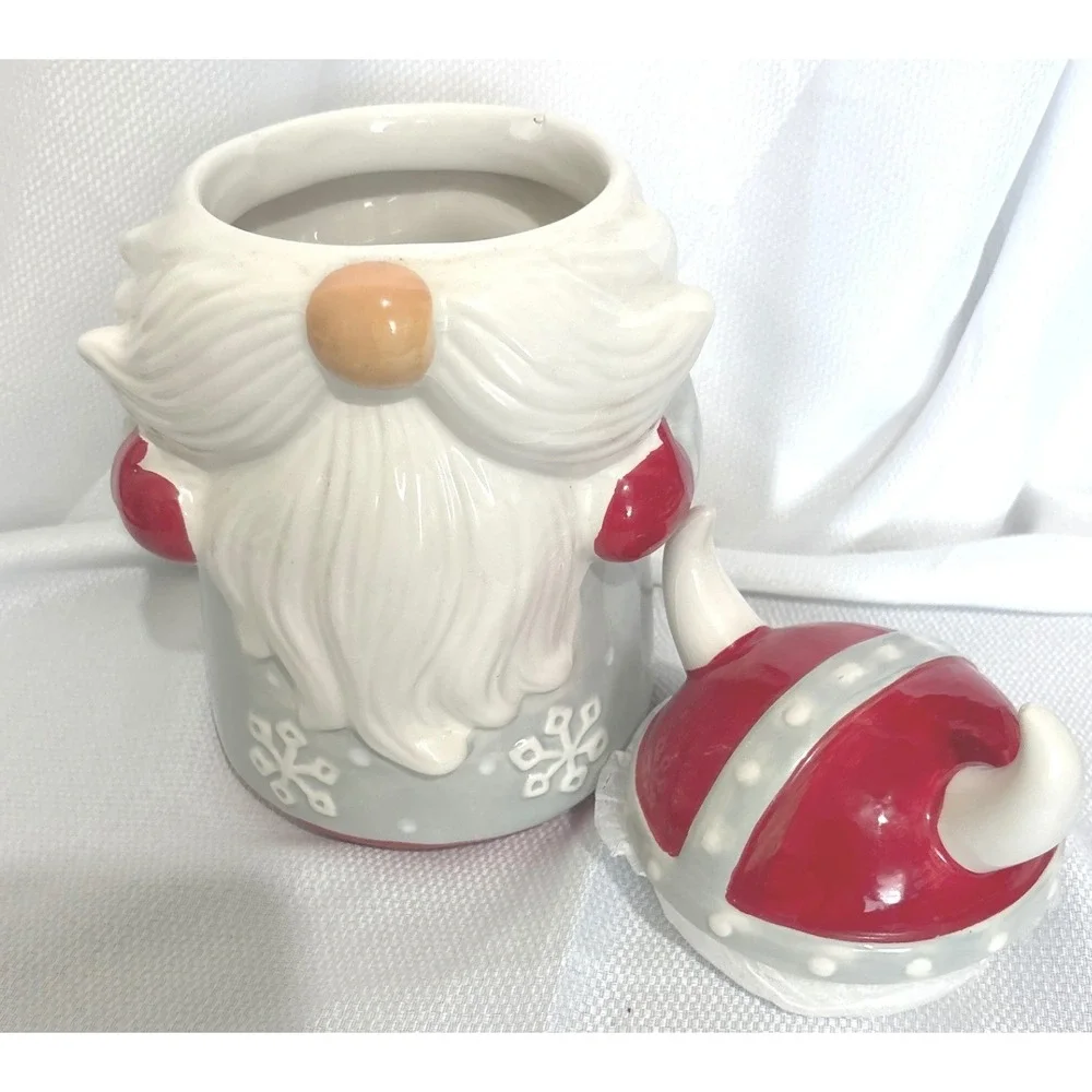 Sleigh Bell Bistro Viking Gnome Ceramic Cookie Jar Grey Red Snowflake Christmas